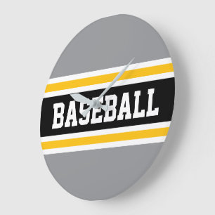 BASEBALL White Black Grey Orange Racing Stripes Large Clock