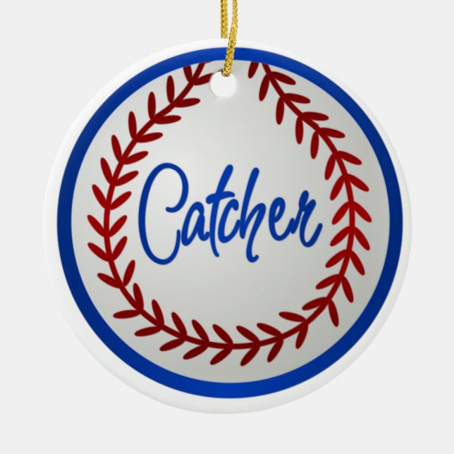 Baseball With Red Stitches and Catcher Ceramic Tree Decoration (Front)