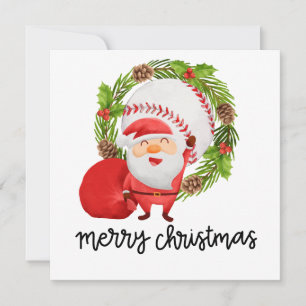Baseball with Santa Claus Flat Holiday Card