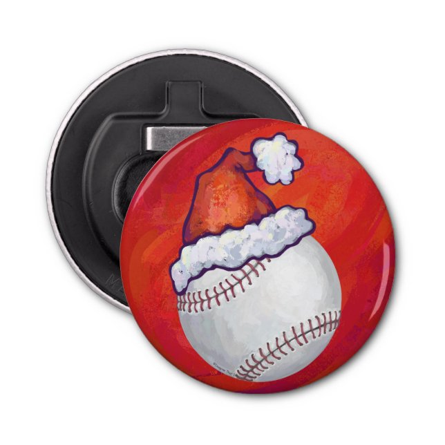Baseball with Santa Hat on Red Bottle Opener (Front)