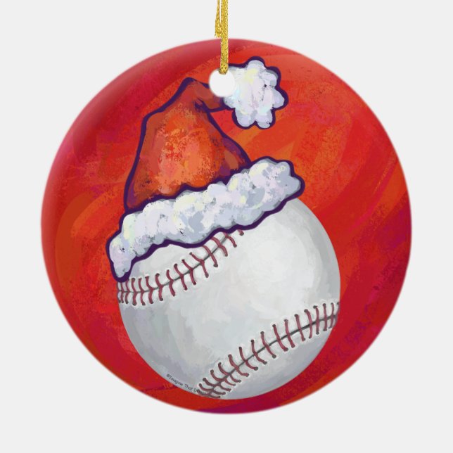 Baseball with Santa Hat on Red Ceramic Tree Decoration (Back)