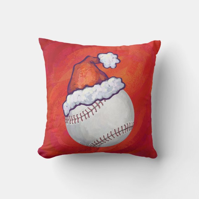 Baseball with Santa Hat on Red Cushion (Front)