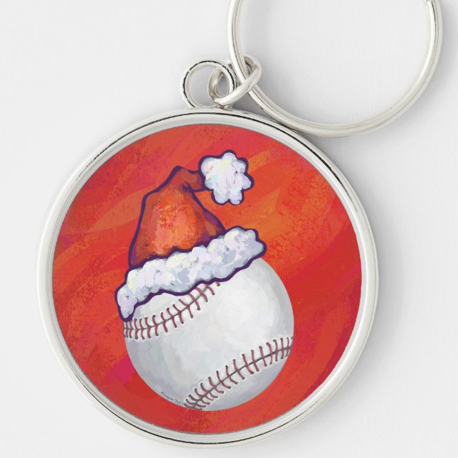 Baseball with Santa Hat on Red Key Ring (Front)