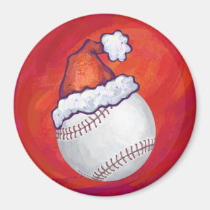 Baseball with Santa Hat on Red Magnet