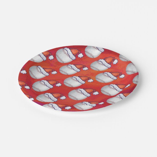 Baseball with Santa Hat on Red Paper Plate (Angled)