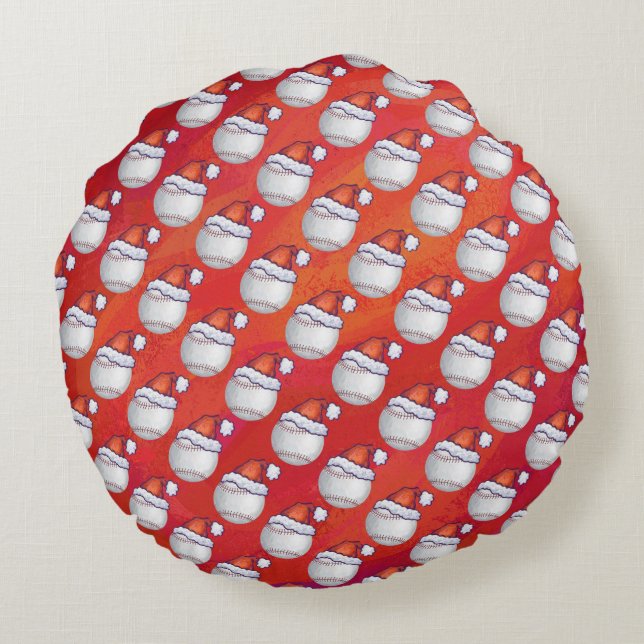 Baseball with Santa Hat on Red Round Cushion (Back)