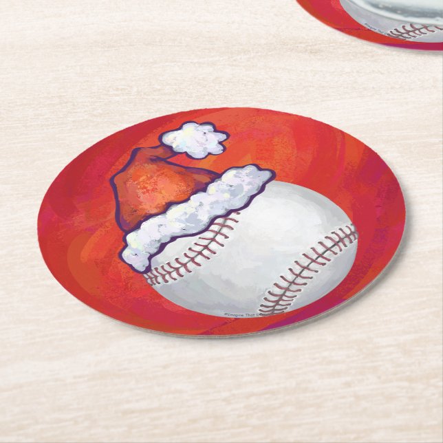 Baseball with Santa Hat on Red Round Paper Coaster (Angled)