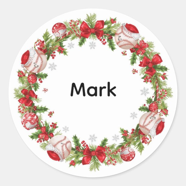 Baseball  Wreath Christmas themed Classic Round Sticker (Front)