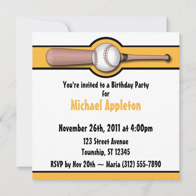 Baseball Yellow / Gold Birthday Invitations (Front)