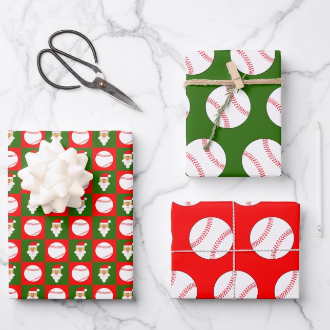 Baseballs and Santa Clause Red and Green Christmas Wrapping Paper Sheet (Front)