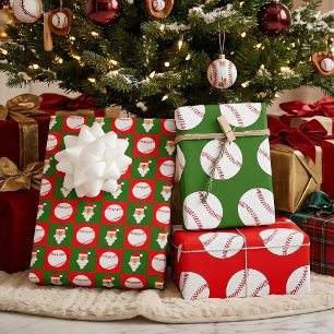 Baseballs and Santa Clause Red and Green Christmas Wrapping Paper Sheet