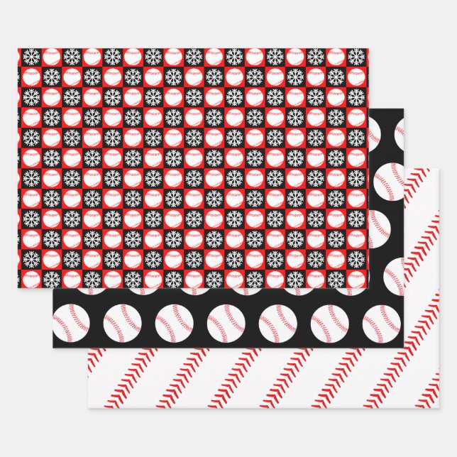 Baseballs and Snowflakes Red and Black Christmas Wrapping Paper Sheet (Set)