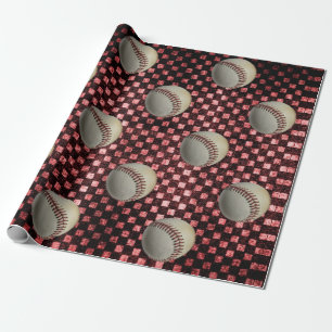 Baseballs on Red Chequerboard Background Wrapping Paper