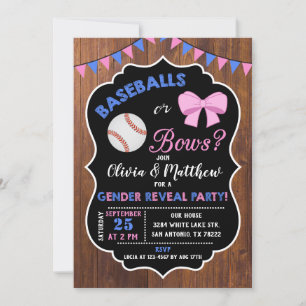 Baseballs or bows gender reveal invitation