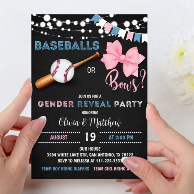Baseballs or bows Gender Reveal Party Invitation (Creator Uploaded)