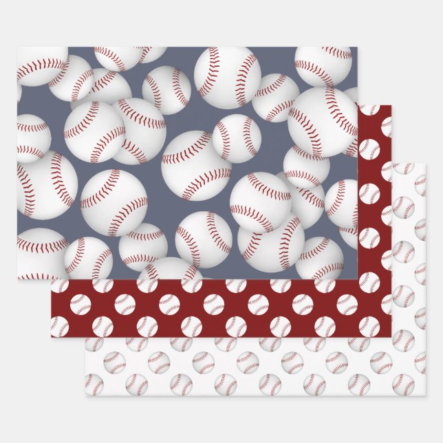 baseballs softballs coordinating set of 3 wrapping paper sheet (Set)