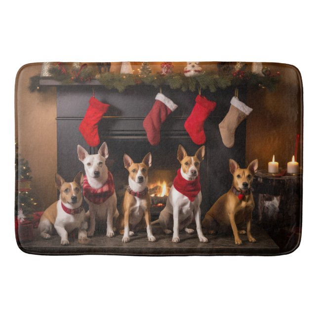 Basenji by the Fireplace Christmas Bath Mat (Front)