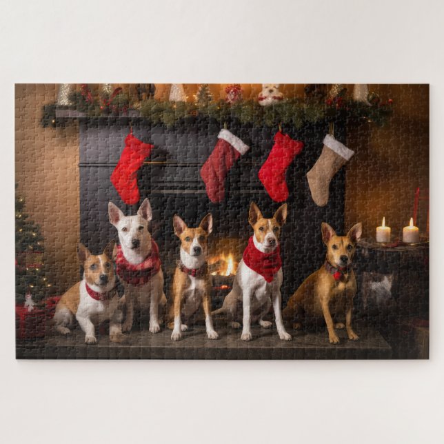Basenji by the Fireplace Christmas Jigsaw Puzzle (Horizontal)