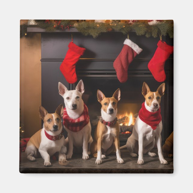 Basenji by the Fireplace Christmas Magnet (Front)