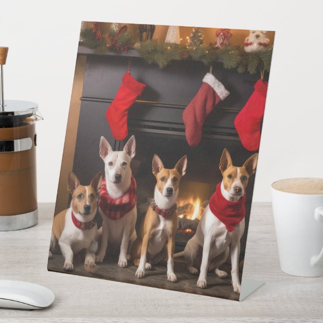 Basenji by the Fireplace Christmas Pedestal Sign (In SItu)