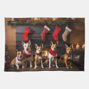 Basenji by the Fireplace Christmas Tea Towel