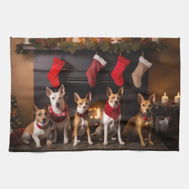 Basenji by the Fireplace Christmas Tea Towel (Horizontal)