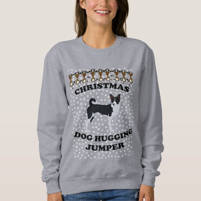 Basenji Christmas Dog Hugging Sweatshirt (Front)