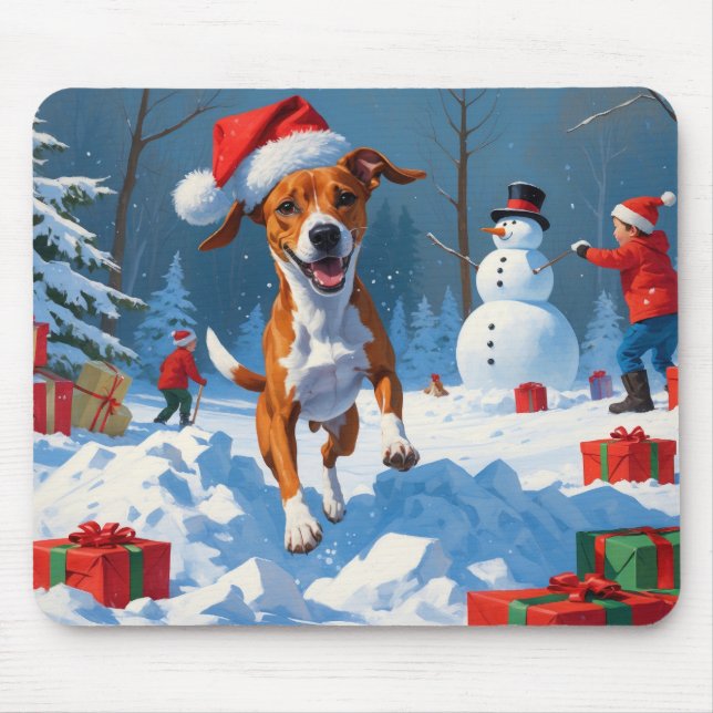 Basenji Christmas Festive Snow Scene Mouse Pad (Front)