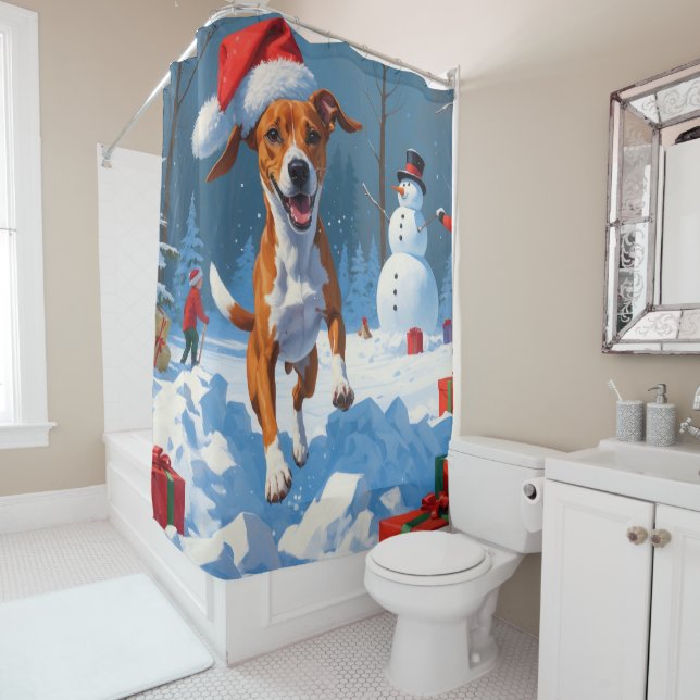 Basenji Christmas Festive Snow Scene Shower Curtain (In Situ)