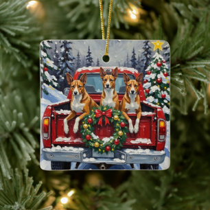 Basenji Christmas Red Truck Holiday Ceramic Ornament