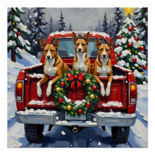 Basenji Christmas Red Truck Holiday Poster