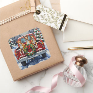 Basenji Christmas Red Truck Holiday Square Sticker