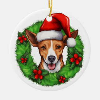 Basenji Christmas wreath Ceramic Ornament