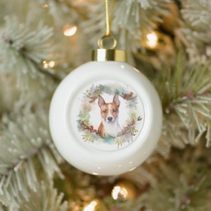 Basenji Christmas Wreath Festive Pup Ceramic Ball Christmas Ornament