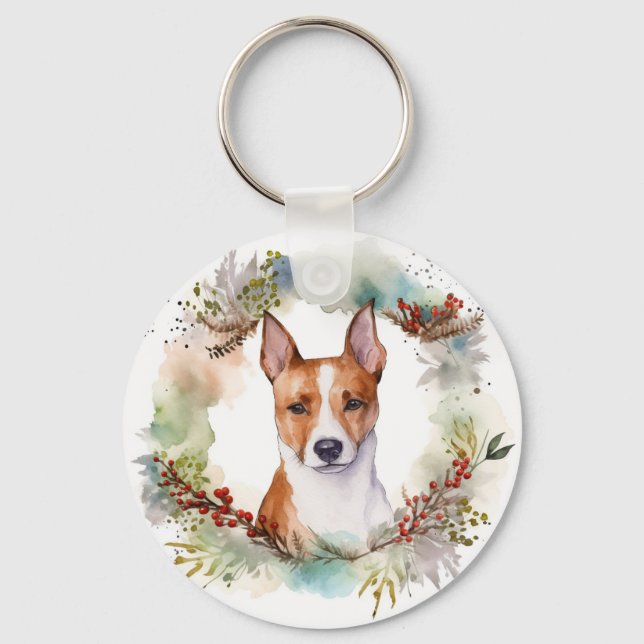 Basenji Christmas Wreath Festive Pup Key Ring (Front)