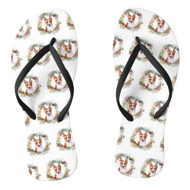 Basenji Christmas Wreath Festive Pup Thongs (Footbed)