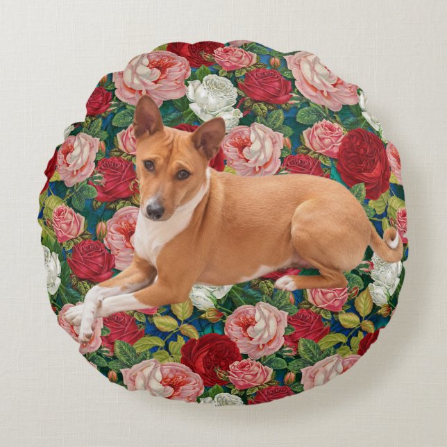 Basenji Dog and Roses  Round Cushion (Front)