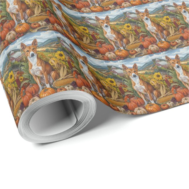 Basenji Dog Autumn Harvest Thanksgiving Holiday Wrapping Paper (Roll Corner)
