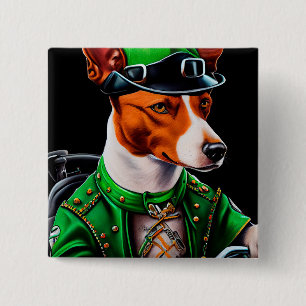 Basenji Dog driving bike St. Patrick's Day 15 Cm Square Badge