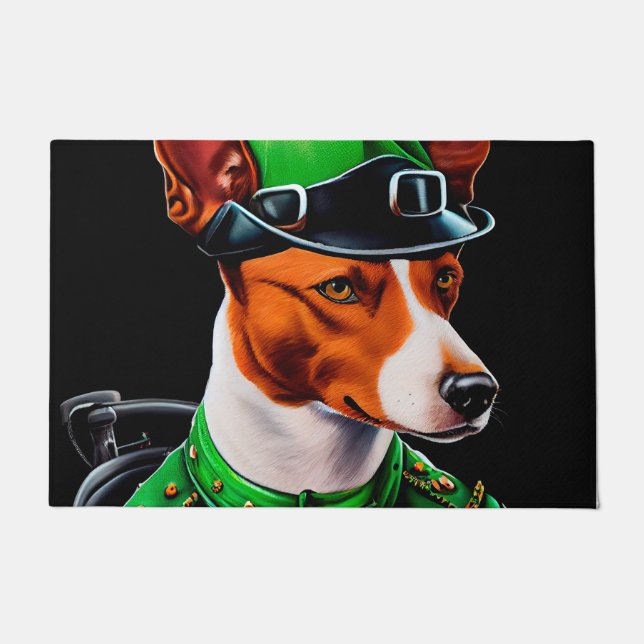 Basenji Dog driving bike St. Patrick's Day Doormat (Front)