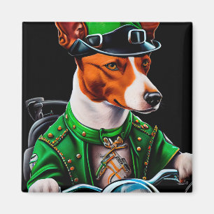 Basenji Dog driving bike St. Patrick's Day Magnet