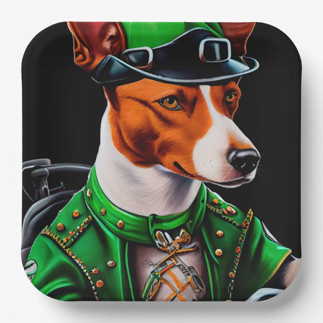 Basenji Dog driving bike St. Patrick's Day Paper Plate (Front)