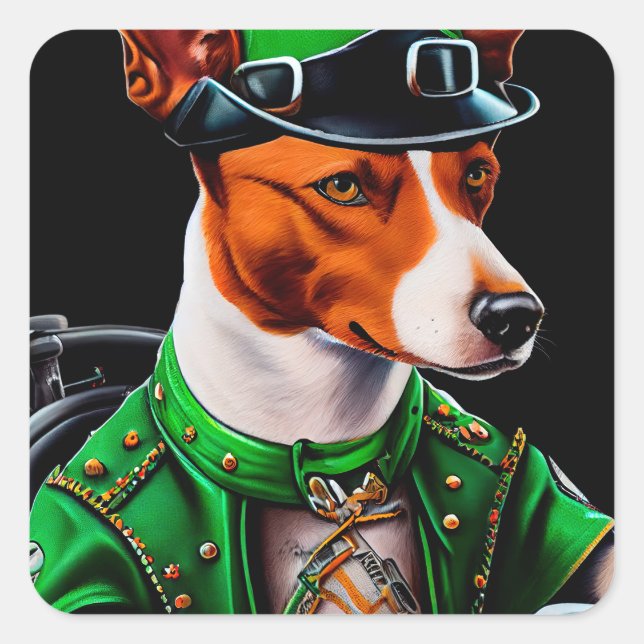Basenji Dog driving bike St. Patrick's Day Square Sticker (Front)