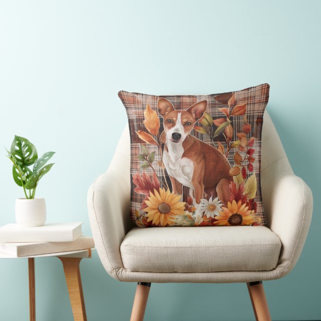 Basenji Dog Fall Watercolor Flowers Cushion (Chair)