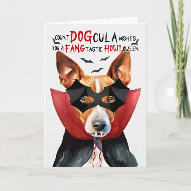 Basenji Dog Funny Count DOGcula Halloween Holiday Card (Front)
