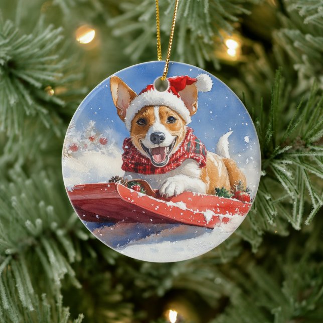 Basenji Dog in Sledge Let it Snow Christmas Ceramic Ornament (Tree)