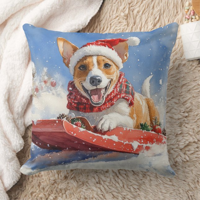 Basenji Dog in Sledge Let it Snow Christmas Cushion (Blanket)