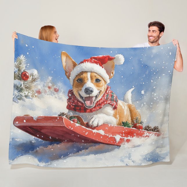 Basenji Dog in Sledge Let it Snow Christmas Fleece Blanket (In Situ)