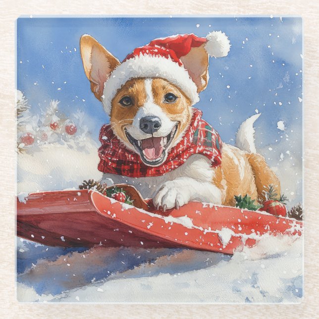 Basenji Dog in Sledge Let it Snow Christmas Glass Coaster (Front)