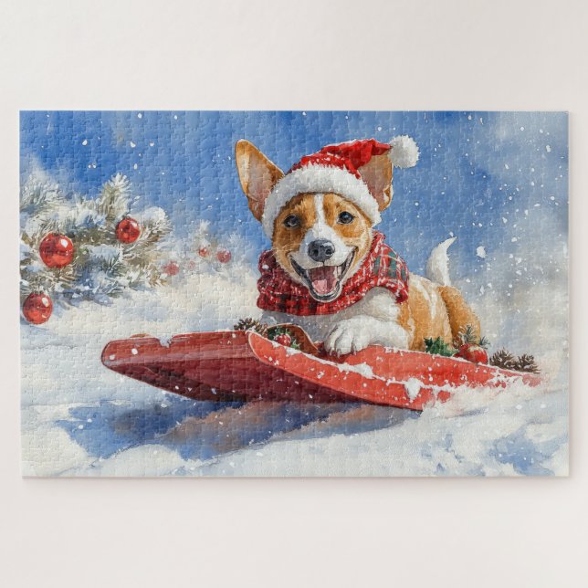 Basenji Dog in Sledge Let it Snow Christmas Jigsaw Puzzle (Horizontal)